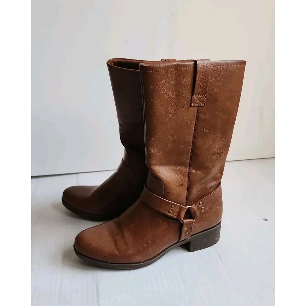 Women's Size 7M Frye and Co Eveline Block Heel Motorcycle Boots Brush Brown